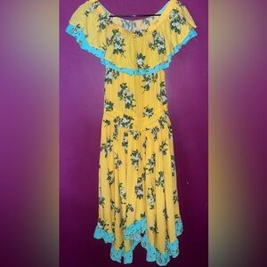 Boutique per cond Matilda Jane yellow/ teal floral pattern ruffle has pockets XS